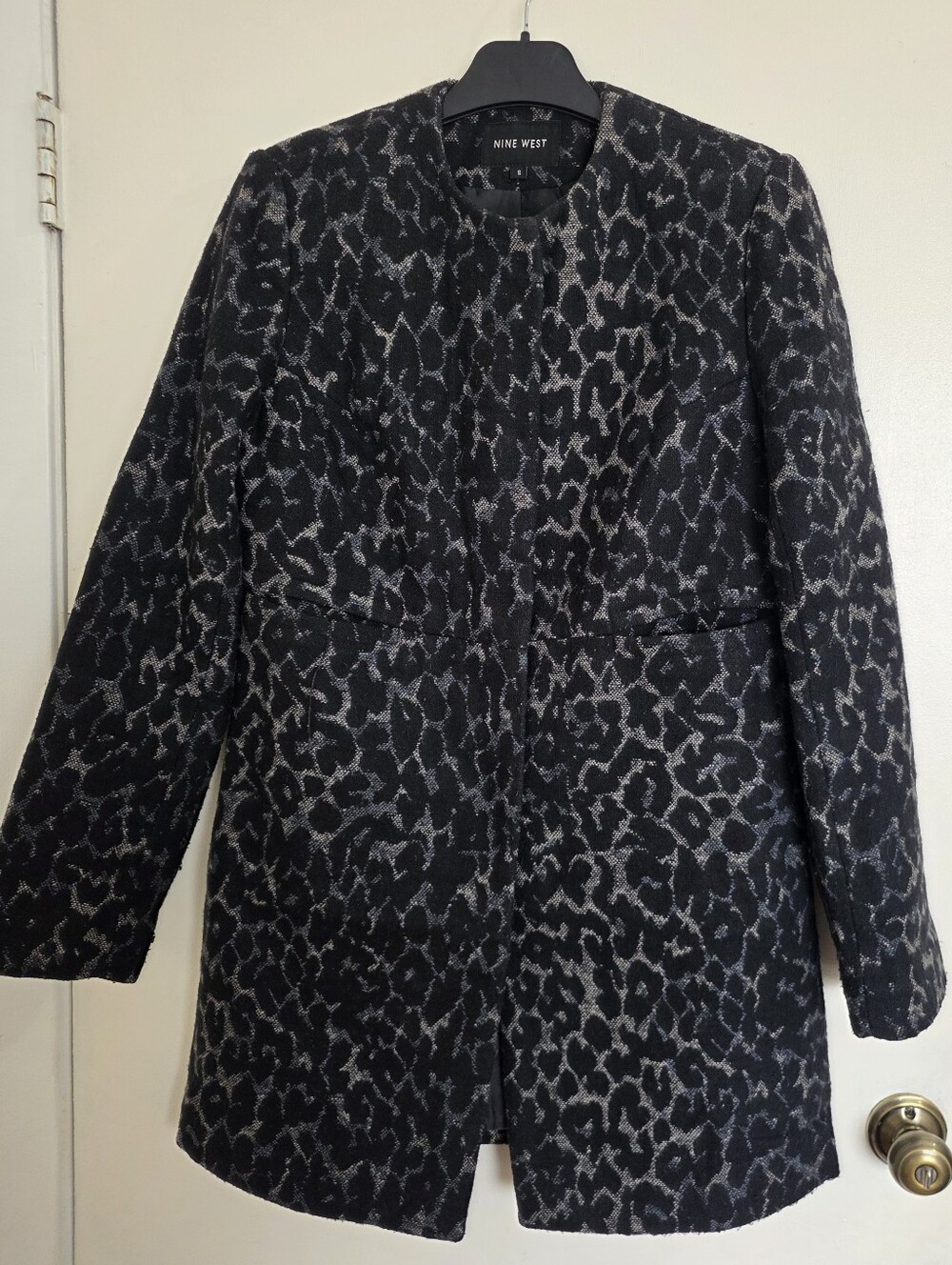 Nine West Black & Gray Patterned Collarless Blazer Coat, Size S
